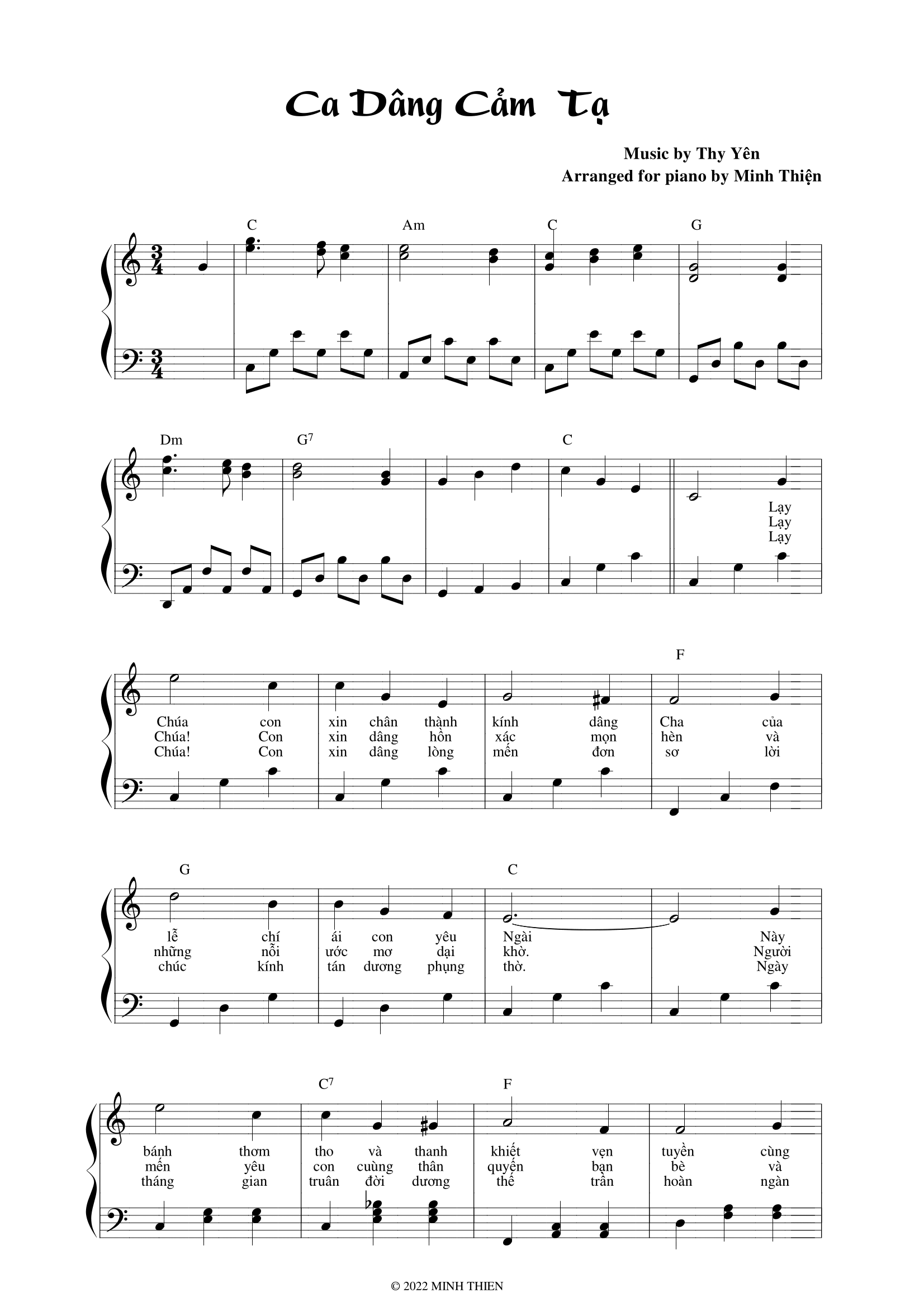 Trang đầu bản đệm đàn piano bài Ca Dâng Cảm Tạ