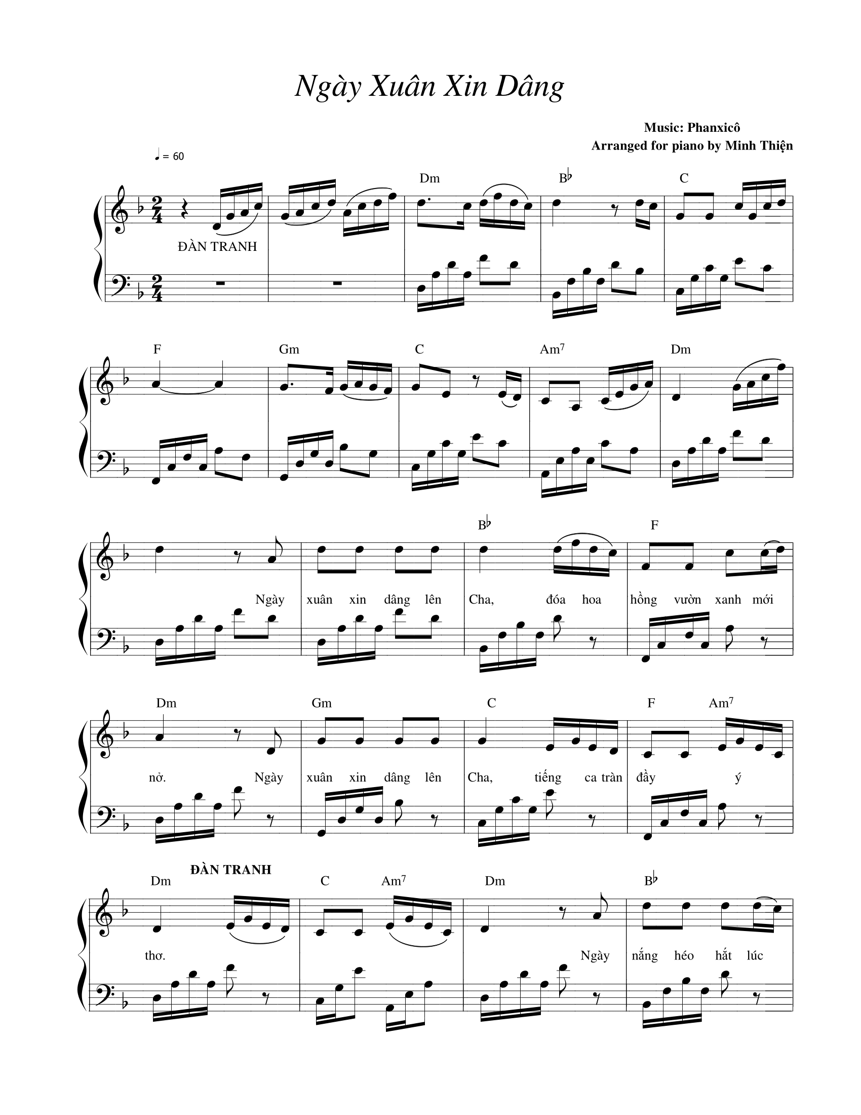 Trang đầu bản đệm đàn piano bài Ngày Xuân Xin Dâng